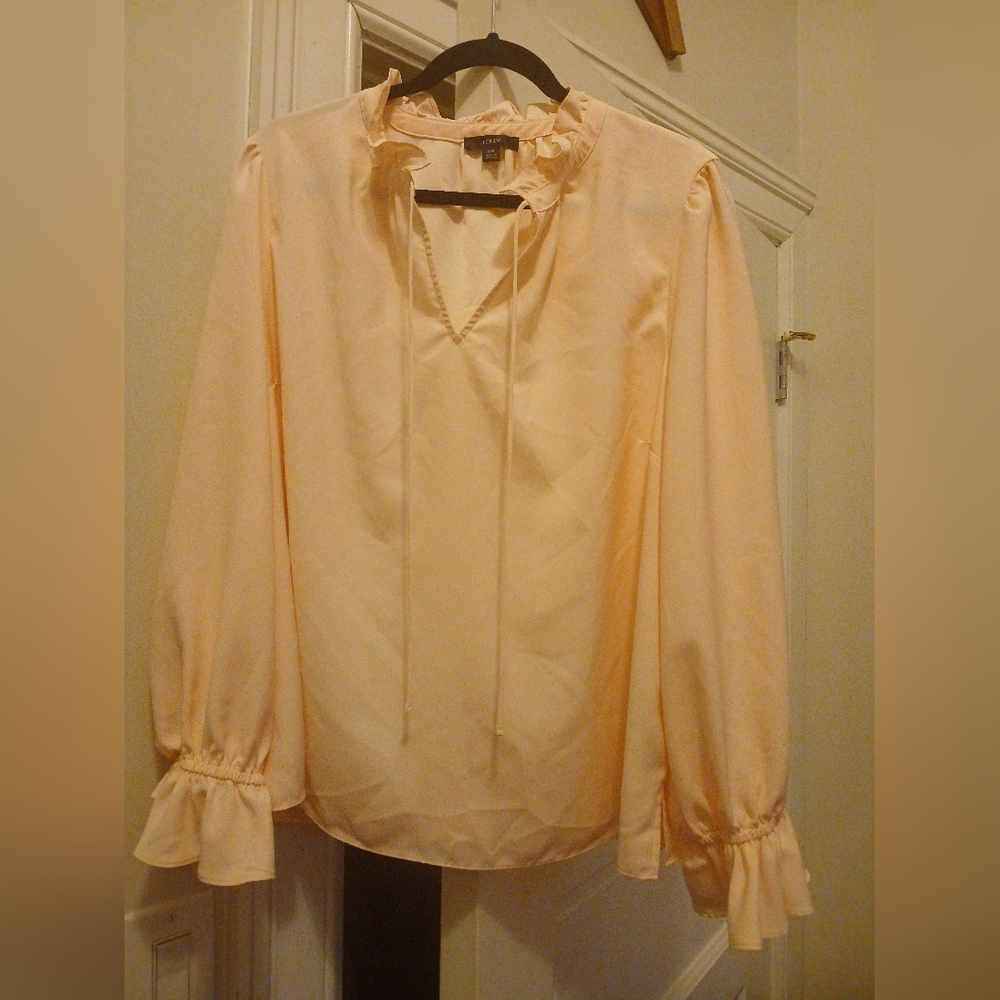 J. Crew 2X Pink Top Low Cut Keyhole Knot Ties Front Long Bell Sleeves Blouse